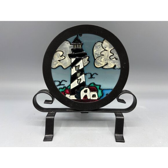 Stained Glass Lighthouse Tea Light Holder Black Metal Stand Coastal Decor - Picture 1 of 5